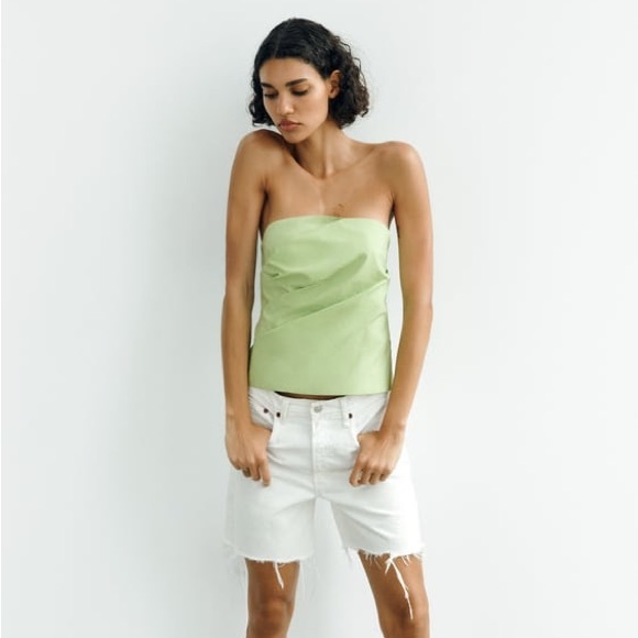 ZARA STRAPLESS RUCHED GREEN TOP - Picture 1 of 6